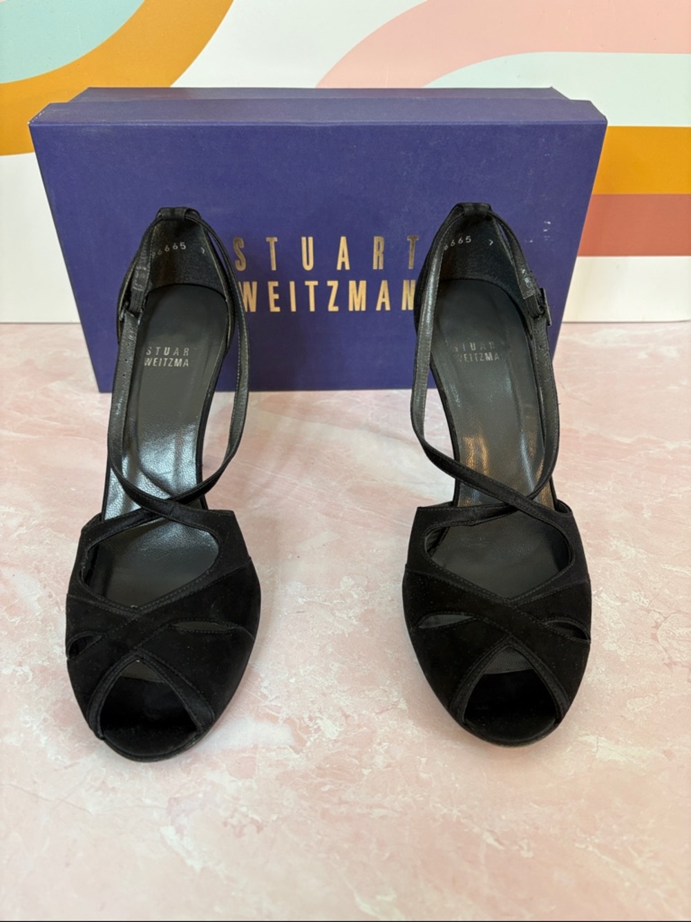 Stuart Weitzman Black Suede & Satin Cross-Strap Peep-Toe Heels | 7M